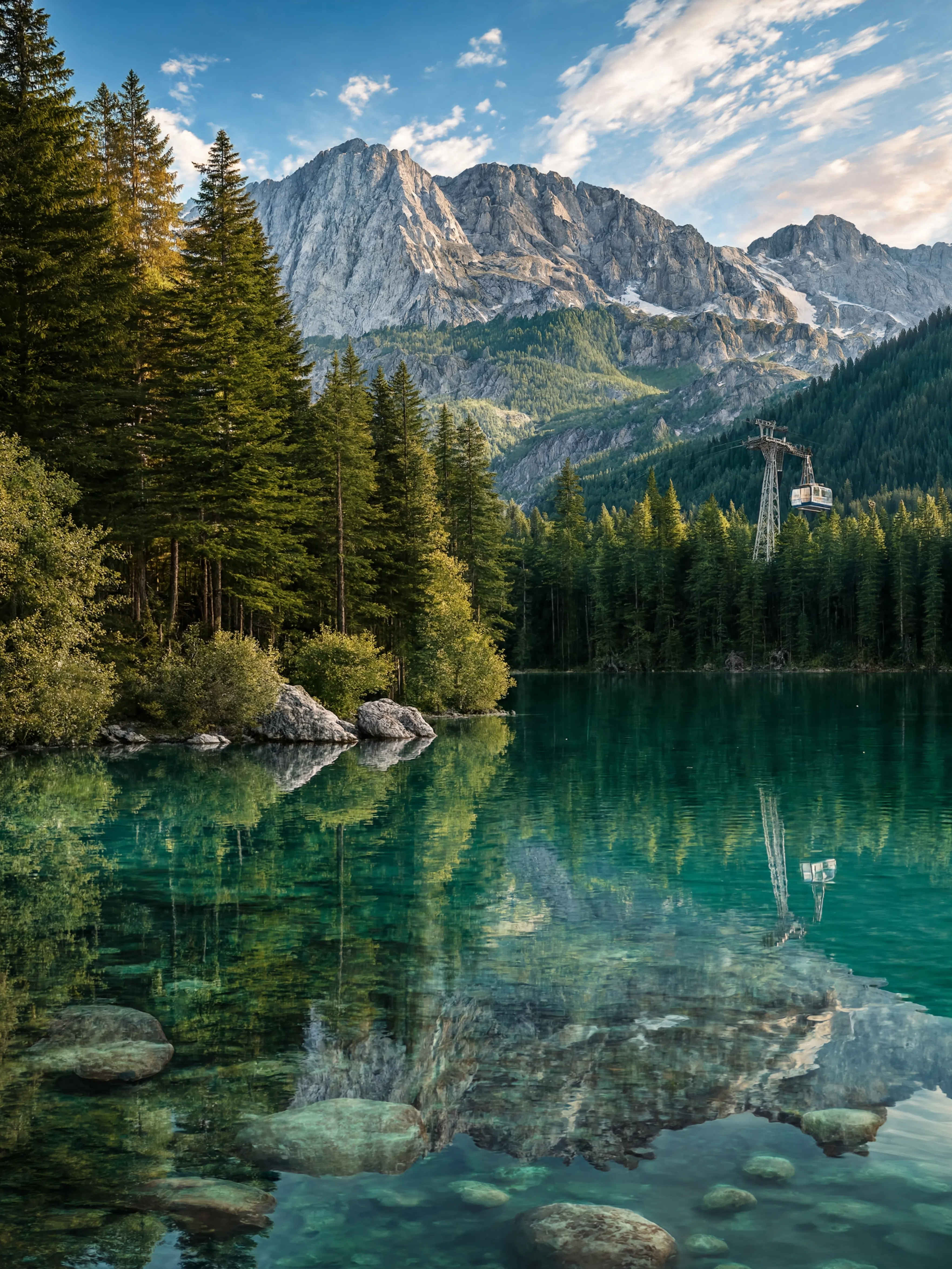 Eibsee — kristallklarer Bergsee in den Bayerischen Alpen mit Blick auf die Zugspitze